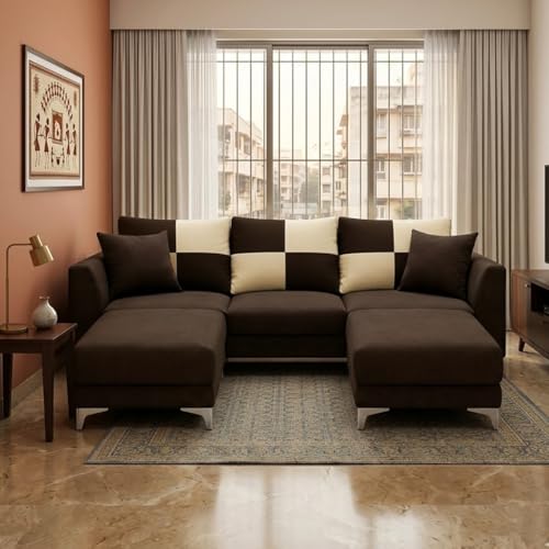 Image of Juliet 4 Seater L Shape Sofa Set with Movable Ottomans | Flexible Layout | Rich Velvet Suede Fabric | Silver Legs | Modern Sofa for Living Room (Dark Brown)