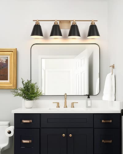 Image of 31.5-Inch 4-Light Farmhouse Bathroom Vanity Light, Black and Gold | Matte black metal shades, white interiors, 4 E26 sockets, 60W max each, dimmable, ETL listed, bathroom mirrors, bedrooms