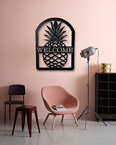 Lamodahome Welcome Written Pineapple Pattern Wall Decorative Metal Wall Art Black Wall Décor (27.55" X 24.85"),Living Room, Bedroom, Kitchen, Bathroom Interior Decoration, Wall Hanging #TOP1