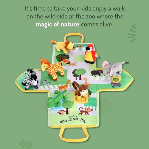 Image of Bonfino Premium My Little Zoo House Playset with Bag for Kids,7 Plush Animal Figurines,Educational Montessori Learning Toy for Toddlers,Soft Pretend Play Set,Birthday Gift for Boys&Girls,BIS Certified