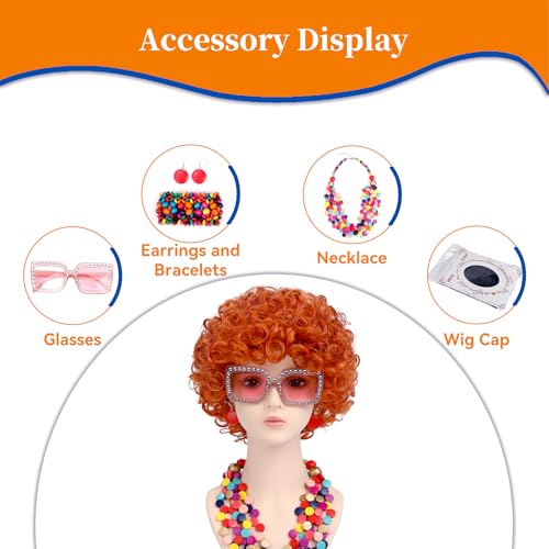 Image of Women Roper Curly Orange Red Cosplay Wig with Necklace Earrings and Sunglasses for Women Hallween Costume Wig