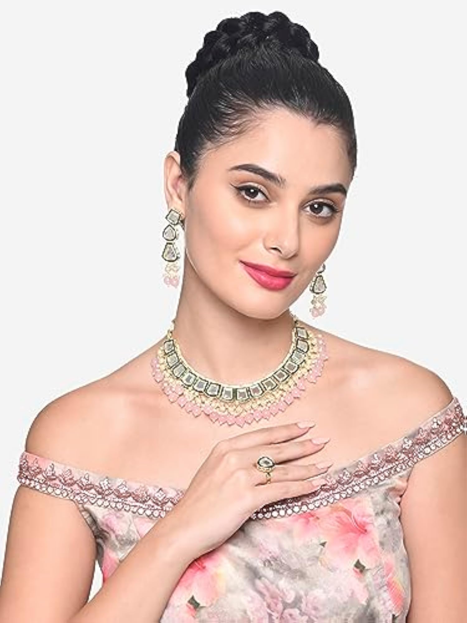 Women's Cluster Beaded Kundan Choker Necklace Earring & Ring Set