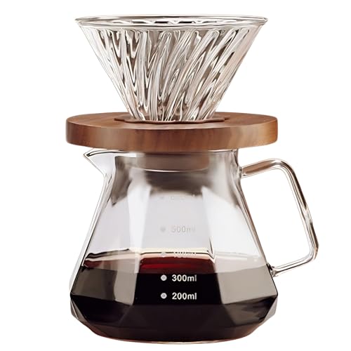 HOOPZOZA V60 Coffee Pot 600mL Pour Over Coffee Maker Set Glass Drip Filter with Tick Marks for Drip Coffee Maker Coffee Dripper (D-600-set)
