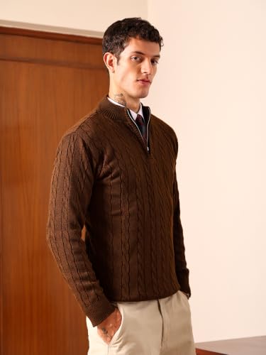 Image of Kvetoo Men's Wool High Neck Zipper Sweater, Full Sleeve Cable Knit Quarter Zip Winter Pullover