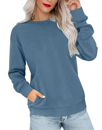 RUMIA Crewneck Fall Sweatshirts for Women Plain Long Sleeve Top with Pocket