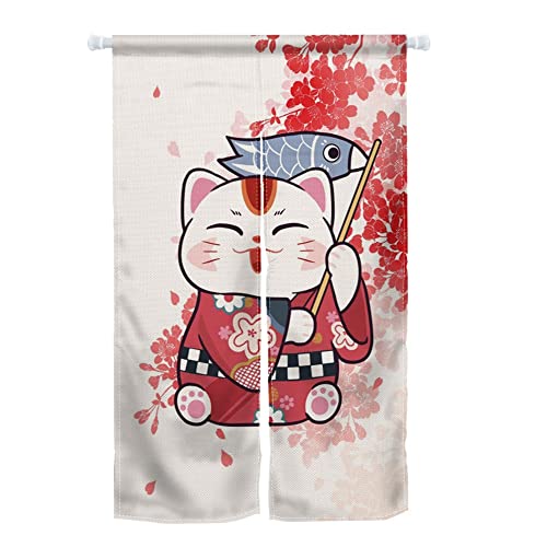 ChloropLastid Red Lucky Cat Fish Noren Japanese Sakura Noren Japanese Chinese Style Door Tapestry Entrance Feng Shui Door Curtain for Kitchen Home Decorations 33.5