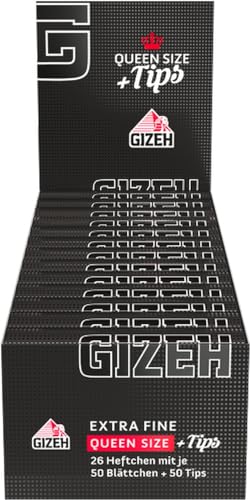 Gizeh Black Queen Size 1/14 + Tips-26 Lot de 50 Feuilles de Papier à Rouler + 50 Tips en Cellulose Noir 12 x 6 x 4 cm