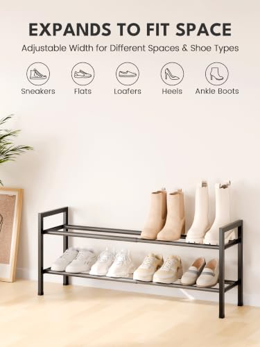 Image of Bumusty 2 Tier Expandable Shoe Rack for Closet, 18 inch-33 inch Adjustable Shoe Rack for Small Space, Small Shoe Organizer for Front Door, Sturdy Metal, Black