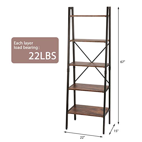TOOCA 5-Tier Ladder Shelf Wood Multipurpose Utility Open Back Industrial Leaning Ladder Bookshelf Design Premium Quality Easy Assembly Shelf Storage for Living Room Bedroom Kitchen Home Office Balcony