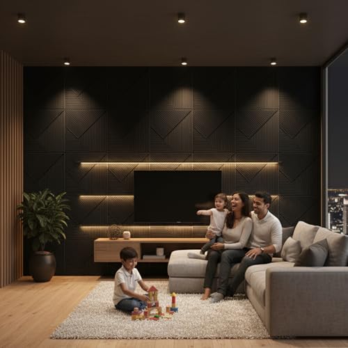 Image of Kayra Decor Wall Panels for Bedroom - PVC Fluted Design Black Color 19.7 inch x 19.7 inch (Pack of 40) - Covers 107.80 Sq. Ft.
