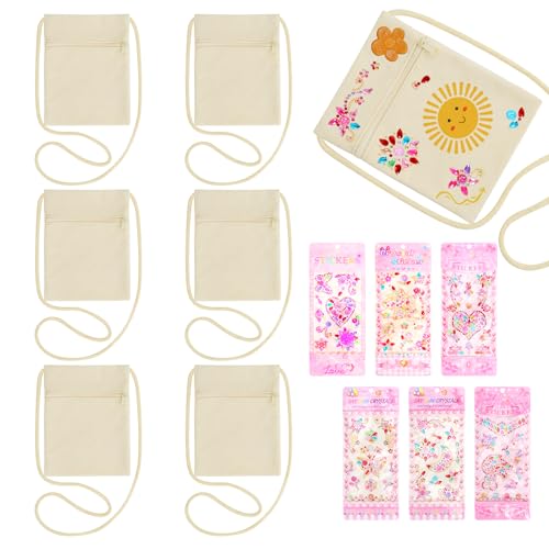 6 Sacs en Tissu à Peindre, 17*13cm Sac en Tissu à Peindre pour Enfant avec 6 Autocollants Strass,...