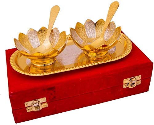Image of INDICRAFTSVILLA: Crafts Place to Discover World Silver /Gold Kamal Bowl Set With Royal Velvet Box -Capsul 5 Pieces Set, 30 ml