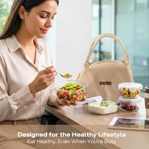 Image of CELLO Alba Glass Lunch Box with Bag for Office Use, Beige | 2 x 320ml Square + 2 x 240ml Round Microwave Safe Containers with Spoon & Fork, Fridge Safe Leak Proof Airtight Tiffin Box Set for Travel