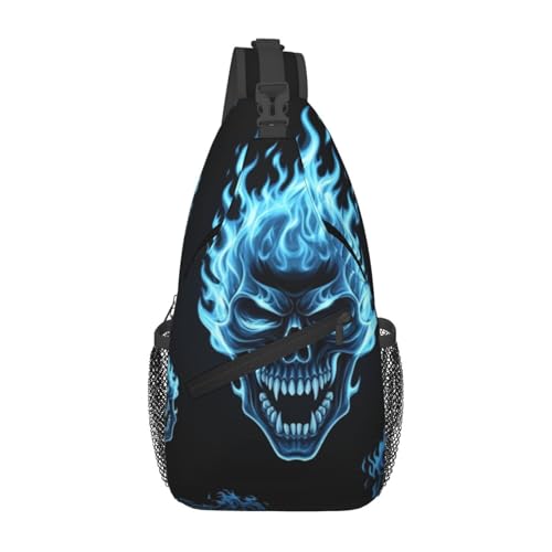 Foldable Sling Shoulder Backpack for Men, Breathable Crossbody Bag for Outdoor Travel Hiking, Fire Flaming Blue Cool Skull Daypack Bags
