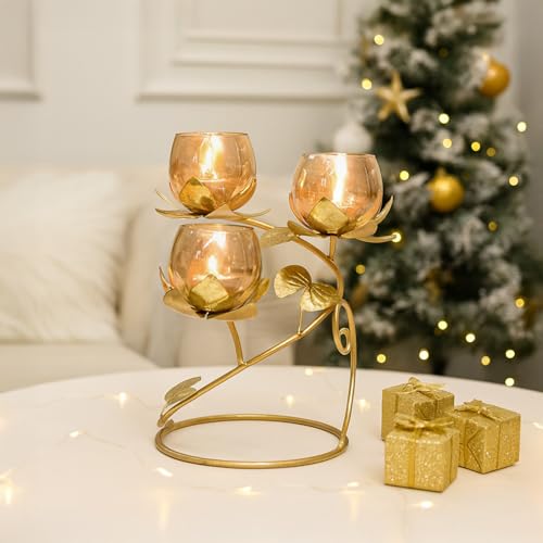 Image of MARKET 99 Metal & Glass 3 Votive T-Light Holder Lotus Shape | Golden Decorative Candle Holder for Diwali, Christmas, Birthday & Wedding | Elegant Home & Living Room Decor for Festive Celebrations