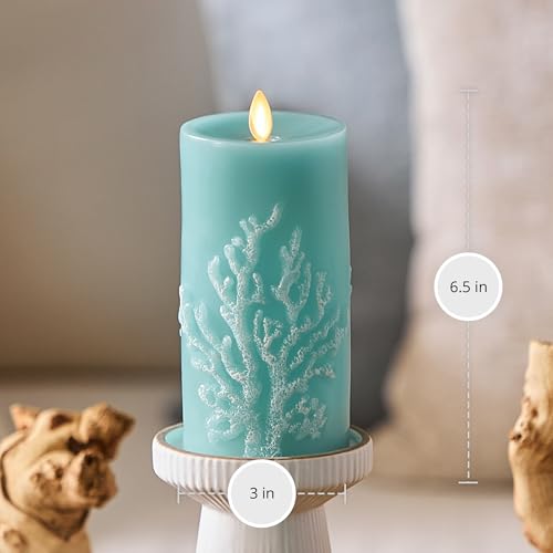 Image of Luminara Embossed Coral Flameless LED Candle Moving Flame Pillar, Unscented Real Wax with Recessed Edge- 3 inch x 6.5 inch (Soft Teal)