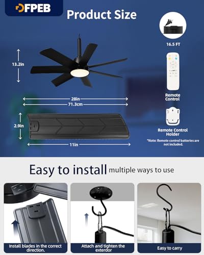 DFPEB Outdoor Ceiling Fan with Light and Remote, 28" LED Fan Light, Gazebo Fan with Hanging Hook, 3000K-6500K, Ceiling Fans with Lights Suitable for Terraces, Porches, Pergolas, and Garages（Black） - Image 3