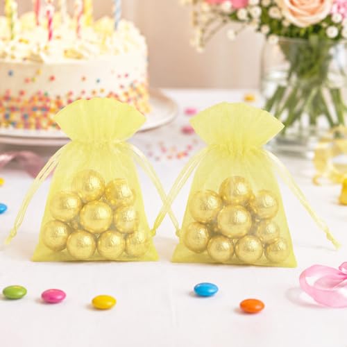 Image of joycraft 50Pcs Lemon Yellow Organza Bags - 2.7x3.5 In Sheer Jewelry Mesh Pouch, Small Party Favor Drawstring Pouch for Wedding, Birthday, Baby Shower, DIY Craft