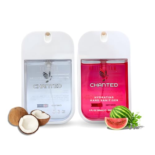 Chanted,Powr Mist,Hydrating Hand Sanitizer Spray,Small Hand Sanitiser,Mini Travel Essentials,Hand Spray,Hand Sanitiser, Tropical Duo (Coconut, Watermelon) 30mL (Set of 2)