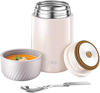 FEWOO Food Thermos, 27oz Vacuum Insulated Soup Flask, Stainless Steel Lunch Container for Hot Food, Leak Proof Food Jar with Folding Spoon for School Office Travel (White)