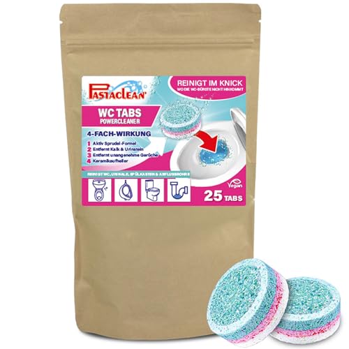 Pastaclean WC-Reiniger Tabs (25 Stück) Extra starker Toilettenreiniger für Toiletten Spülkasten & Urinale - Mit Aktiv Sprudel-Formel entfernt Kalk Ablagerungen Urinstein & Gerüche