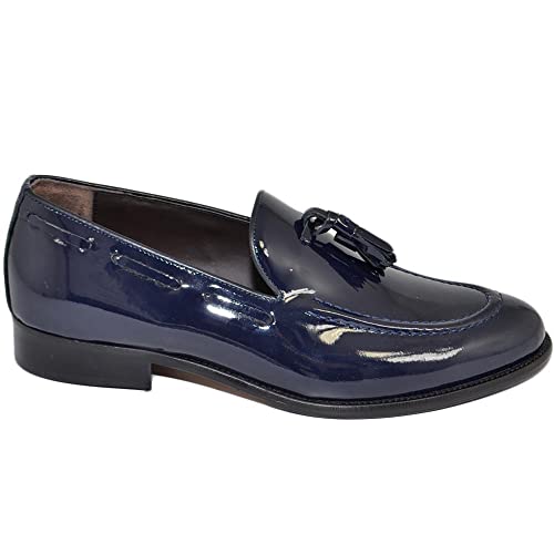  Scarpe Uomo Classico Mocassino Inglese Elegante Cerimonia Vernice Lucido Blu Vera Pelle Fondo Cuoio Made in Italy (45 EU)