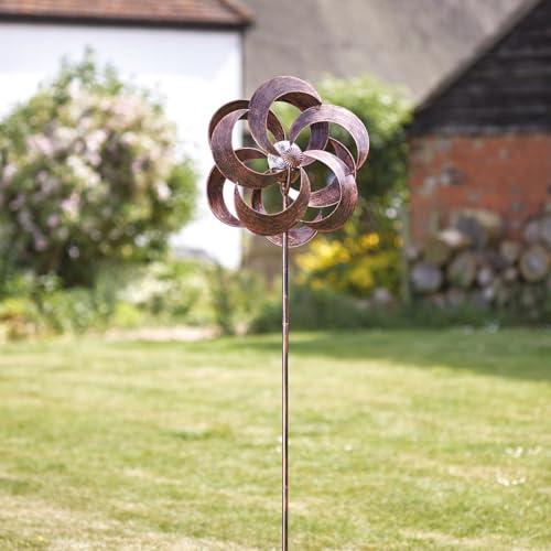 Aries Garden Wind Spinner with Solar Powered Crackle Glass Globe – Durable Weather Resistant Metal Outdoor Garden Summer Ornament Decoration with Multicoloured LED Light – Measures H132cm