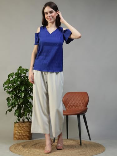 Image of oxolloxo Women Solid V-Neck Short Sleeve Cold Shoulder Yarn-Dyed Dobby Top