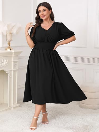 Women's Plus Size Midi Dress Short Sleeve V Neck Smocked Flowy A-Line Boho Wedding Party Dresses3