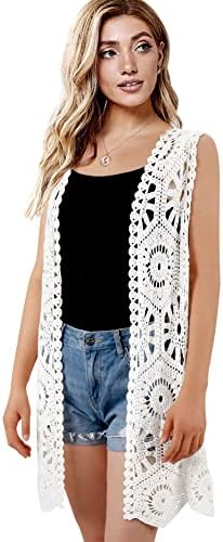 Womens Floral Crochet Lace Boho Trim Sleeveless Open Front Vest Cardigan
