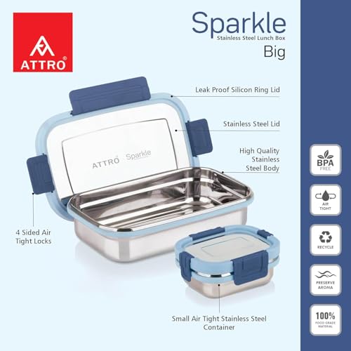 Image of ATTRO Sparkle Big Stainless Steel Lunch Box 2-Piece Set - 900ml + 200ml - Leak-Proof, BPA-Free, Compact & Durable - Ideal for Kids, Office, Travel - Blue