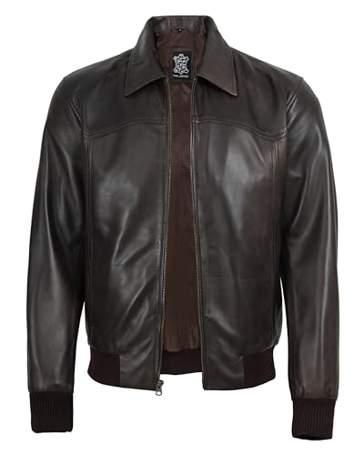 Image of Decrum Men's Bomber Leather Jacket - Vintage Style Real Lambskin Leather Jacket with Rib-Knit Cuffs and Hem