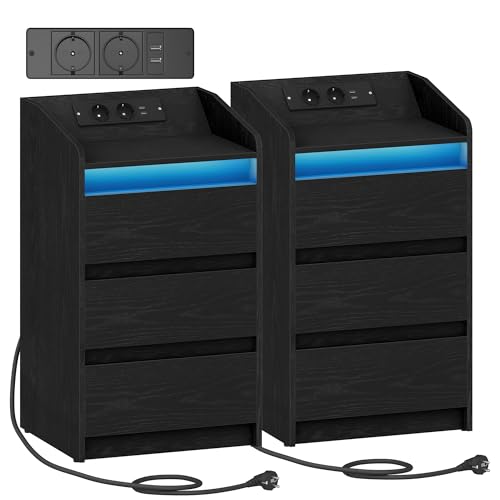 Hzuaneri Nachttisch 2er Set mit 3 Schubladen, Beistelltisch mit Ladestation und LED, 2 AC-Steckdosenund 2 USB-Anschlüsse für Schlafzimmer, Wohnzimmer, Schwarz NS40104X