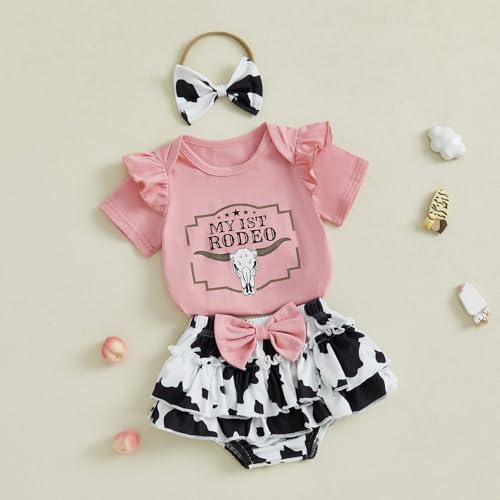 Kayotuas Western Baby Girl Clothes Summer Cowgirl Outfits My First Rodeo Romper Cow Print Bloomer Shorts Headband 3 Piece Set3