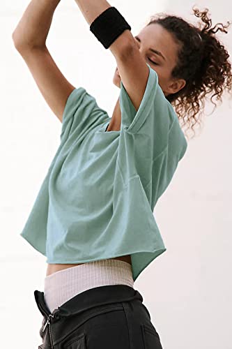 Image of HUGOOME Womens Oversized Workout Crop Top Casual Short Sleeve Boxy Roll Hem