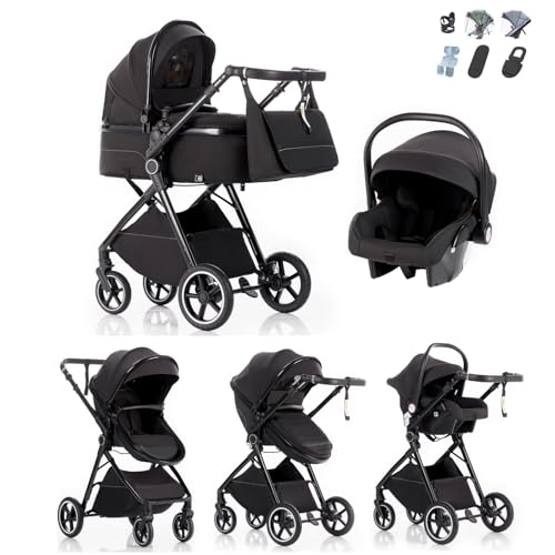 Kakbgee Trio Poussette 3 en 1 avec Siège Auto, Landau Bébé Pliable, 7 Positions Poignée, Suspension 4 Roues, Housse Pluie, Moustiquaire, Système de Voyage...