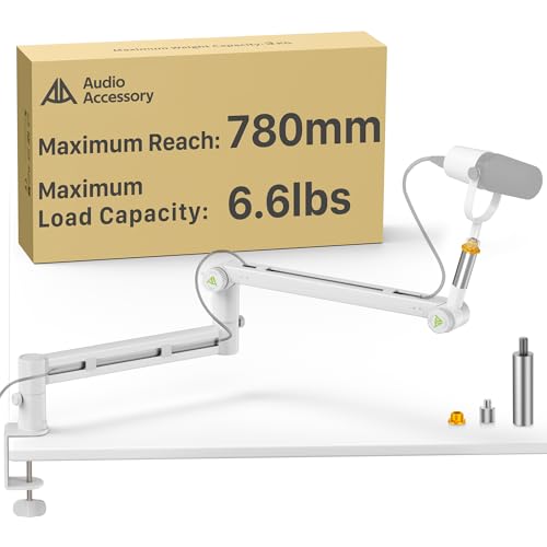 AA AUDIO ACCESSORY White Boom Arm Low Profile (Design for Heavy Mic) 6.6lbs Load Capacity, Gear Lock Structure Never Sags, Metal Microphone Stand Desk Mount for Shure SM7B MV7+, Blue Yeti, Rode PodMic