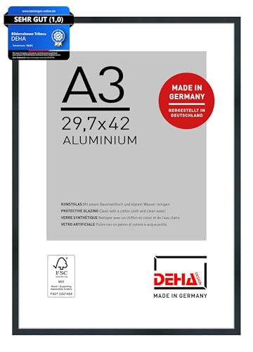 DEHA Design Bilderrahmen, 29,7 x 42 cm (A3), Aluminium, Schwarz matt, Posterrahmen zum Aufhängen im Hoch- & Querformat, bruchsicheres Kunstglas, Tribeca