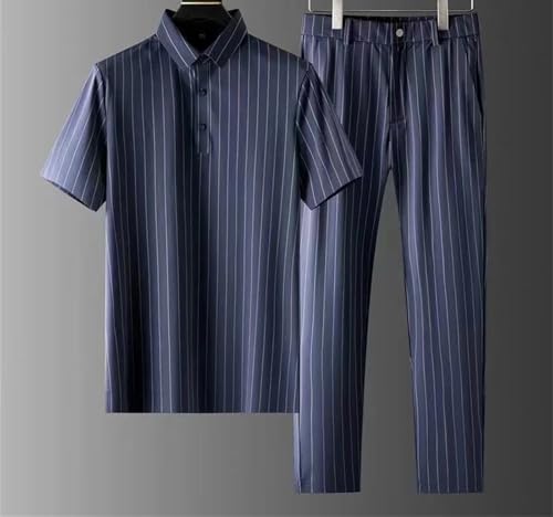 Men Short-Sleeve Thin Stripe Shirt + Trousers Two-Piece Suit Mens Short Sets Business Casual Outfits2