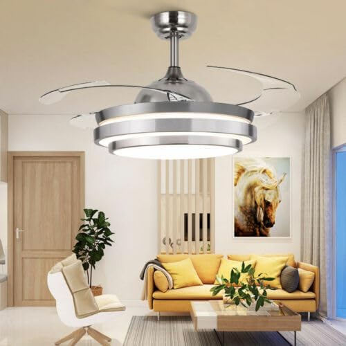 Shiyinge Shiyinge 36 inch 220 V plafondventilator, dimbaar, moderne slimme plafondlamp met led-verlichting en afstandsbediening, instelbare windsterkte, ventilator lamp voor slaapkamer en woonkamer, zilver