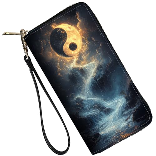 Image of RFID Blocking Leather Wallet for Women - Large Capacity Zip Around Clutch with 8 Card Slots,11 Cash Pockets & Coin Zipper,Tai Chi Yin Yang Diagram