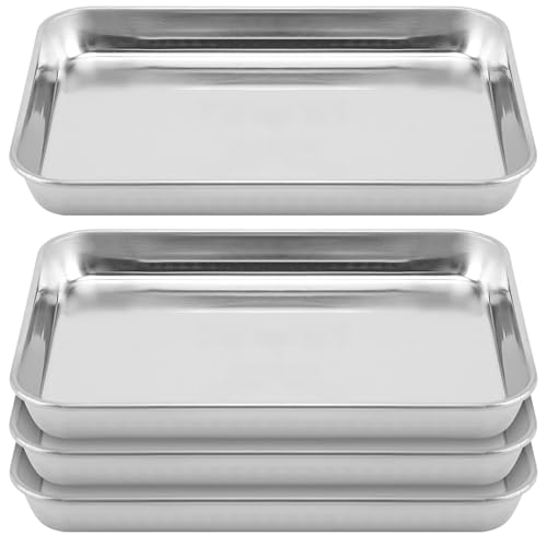 HEIYUET Juego de 4 bandejas de horno de acero inoxidable pequeñas, rectangulares, 23,5 x 17,5 x 2,5 cm, para horno, para hornear, freír, servir, apto para lavavajillas