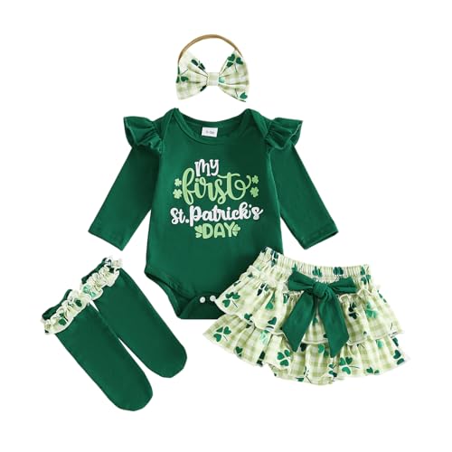 Engofs Baby Girl My First St. Patricks Day Outfit Long Sleeve Letter Print Bodysuit Ruffled Skirt Headband Socks 4-Piece Set (A1 Green 9-12 Months)