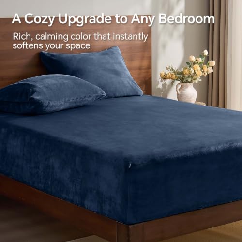 Image of BEDELITE Flannel Full Fitted Sheet & Pillowcases Set, Navy, 3 Pieces | Ultra Soft Plush Fleece Bed Sheet with Elastic Corner Straps, 16 Inch Deep Pocket, Fuzzy All-Season Gift & Room Decor