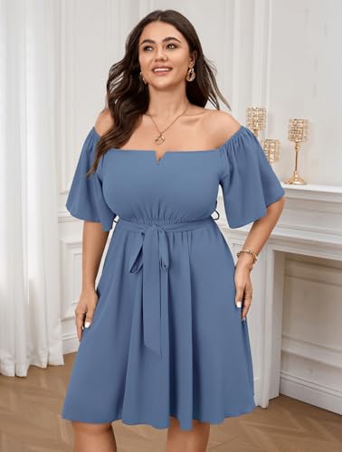 Image of SCOMCHIC Womens Plus Size Cocktail Dress Summer Off Shoulder Short Sleeve Flowy Ruffle A-Line Cute Mini Dress with Belt
