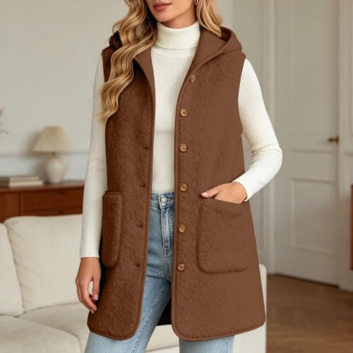 Womens Fleece Vest Warm Hooded Sherpa Long Button Down Vest Cardigan - image 3