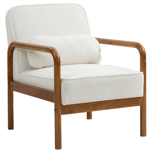 HOMCOM Fauteuil de Salon en Tissu Bouclette, Chaise Relax Moderne avec Coussin et Cadre en Bois d'hévéa, Fauteuil pour Chambre, Salon, Salle à Manger, Blanc