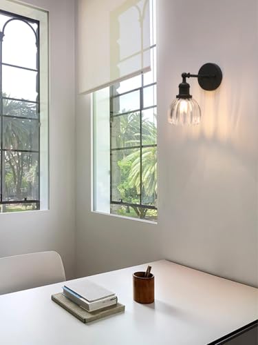 Image of Pathson Adjustable Wall Sconce Lamp with Tulip Thick Glass, Hardwired Bathroom Sconce Matte Black Wall Vanity Light Fixture for Living Room Farmhouse Bedside Lighting