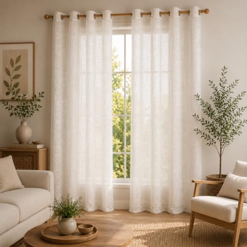 Image of LINENWALAS Aesthetic Sheer Curtains 9 Feet Long Set of 2, Poly Linen Shrink & Fade Proof Drapes for Long Door, Semi Transparent Modern Panels with Grommet Hanging for Living Room (White /9 Feet)