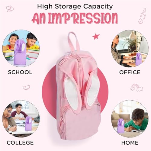 Image of DEOXY Polyester Large Capacity Pencil Pouch for Girls & Boys with 3 Zippers & 5 Compartments| Waterproof Aesthetic Cute Bunny Ears Standing Pencil Case for Kids, Multiutility Pouch (Baby Pink)